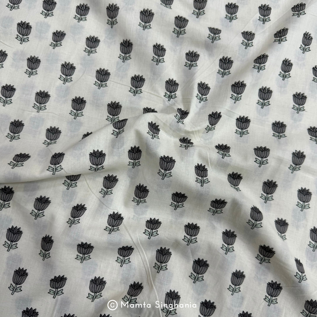 Grey Tulip Hand-Block Printed Cotton Fabric