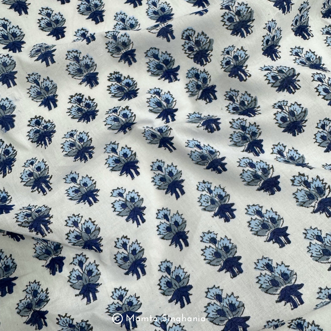 Blue Floral Motif Hand-Block Printed Cotton Fabric