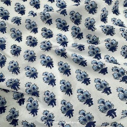 Blue Floral Motif Hand-Block Printed Cotton Fabric