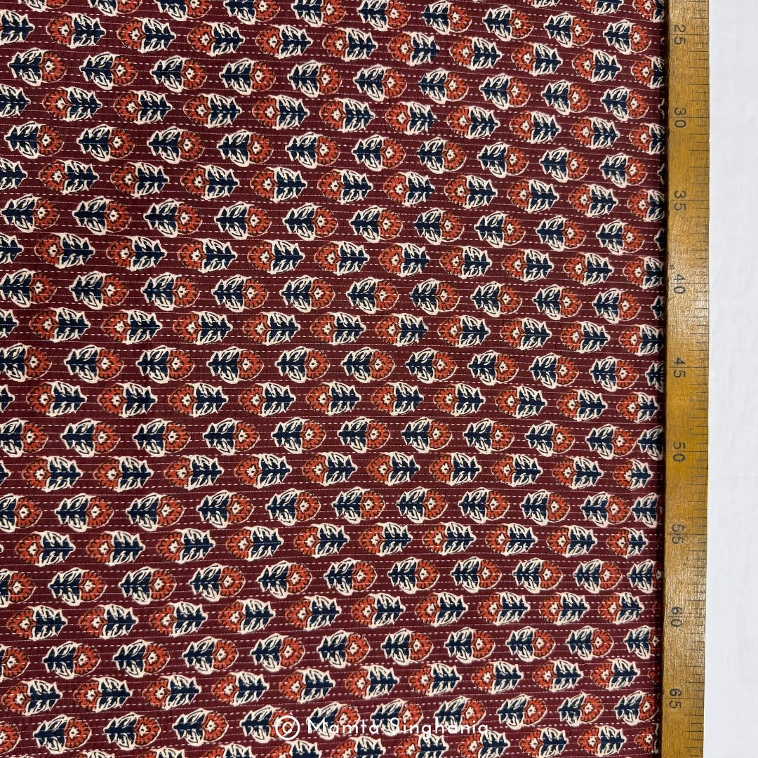 Brown Red Floral Printed Kantha Cotton Fabric