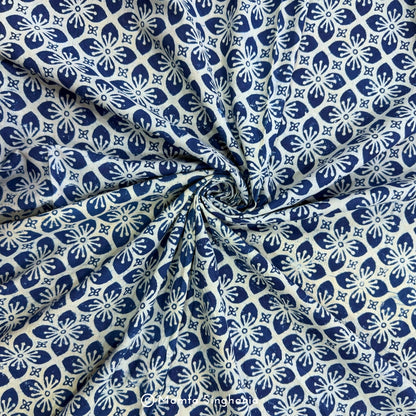 Blue Floral Ajrakh Printed Cotton Fabric