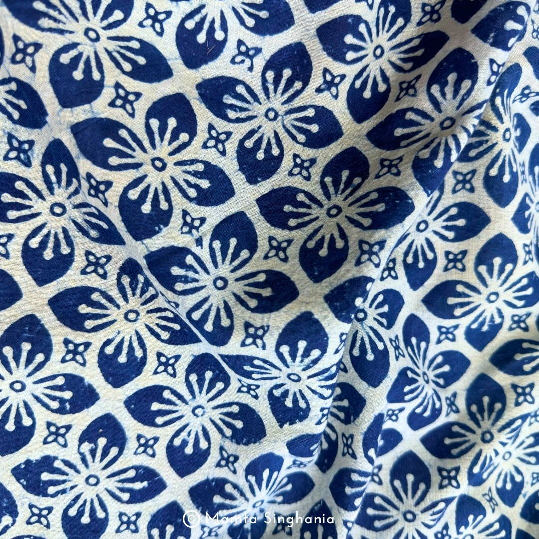 Blue Floral Ajrakh Printed Cotton Fabric