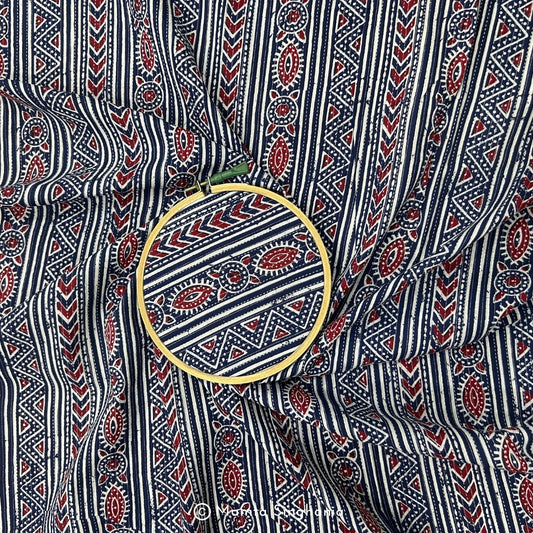 Blue Red Geometric Printed Kantha Cotton Fabric