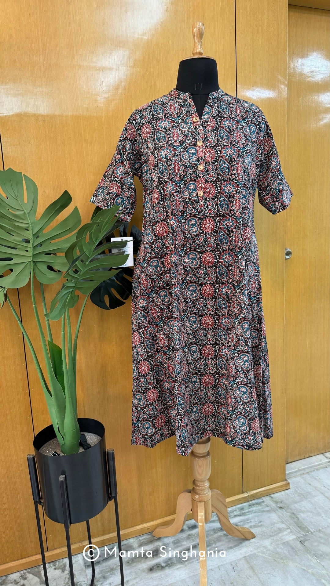 Black Printed Cotton A-line Kurti